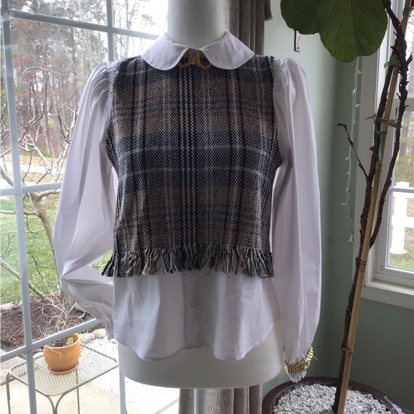 Zara Tops - Plaid Fringe Vest with White Blouse